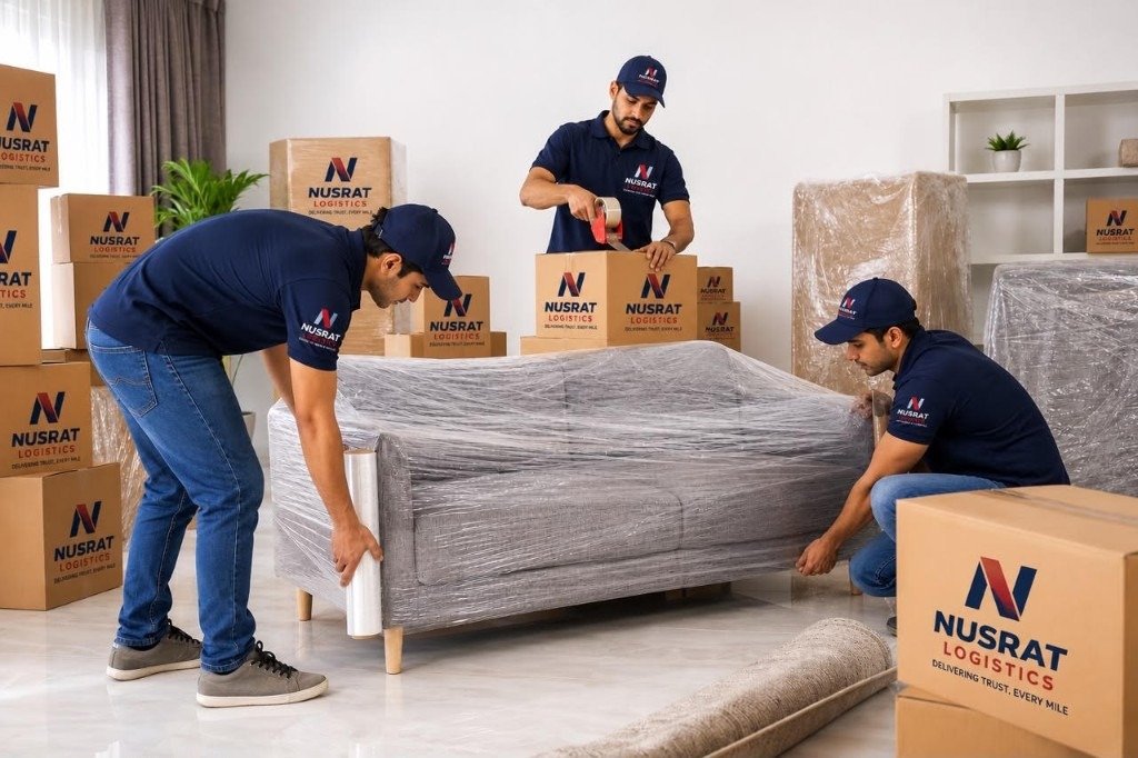 Movers packing household furniture and boxes